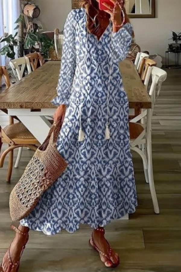 Flora | Women's Cotton Floral Tassel V-Neck Maxi Dress