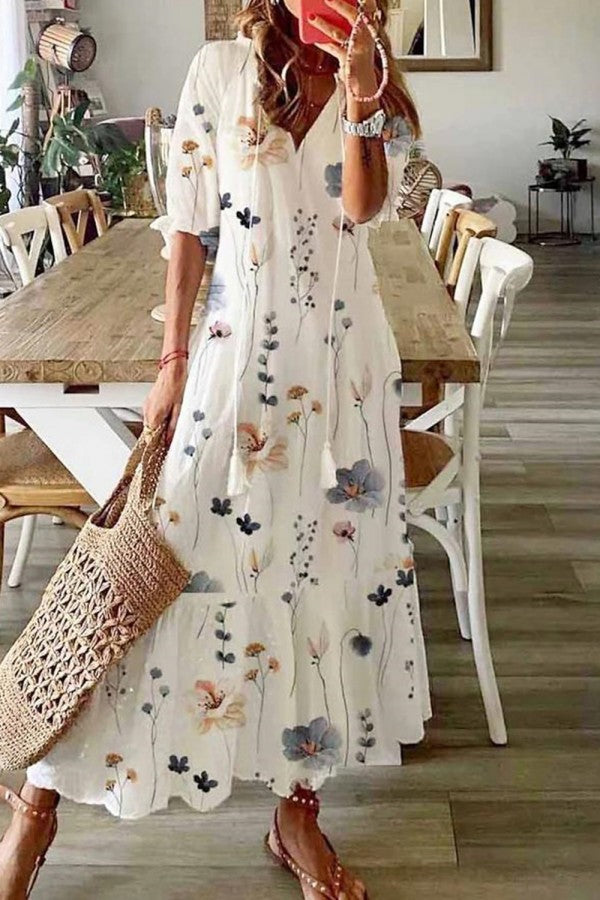 Flora | Women's Cotton Floral Tassel V-Neck Maxi Dress