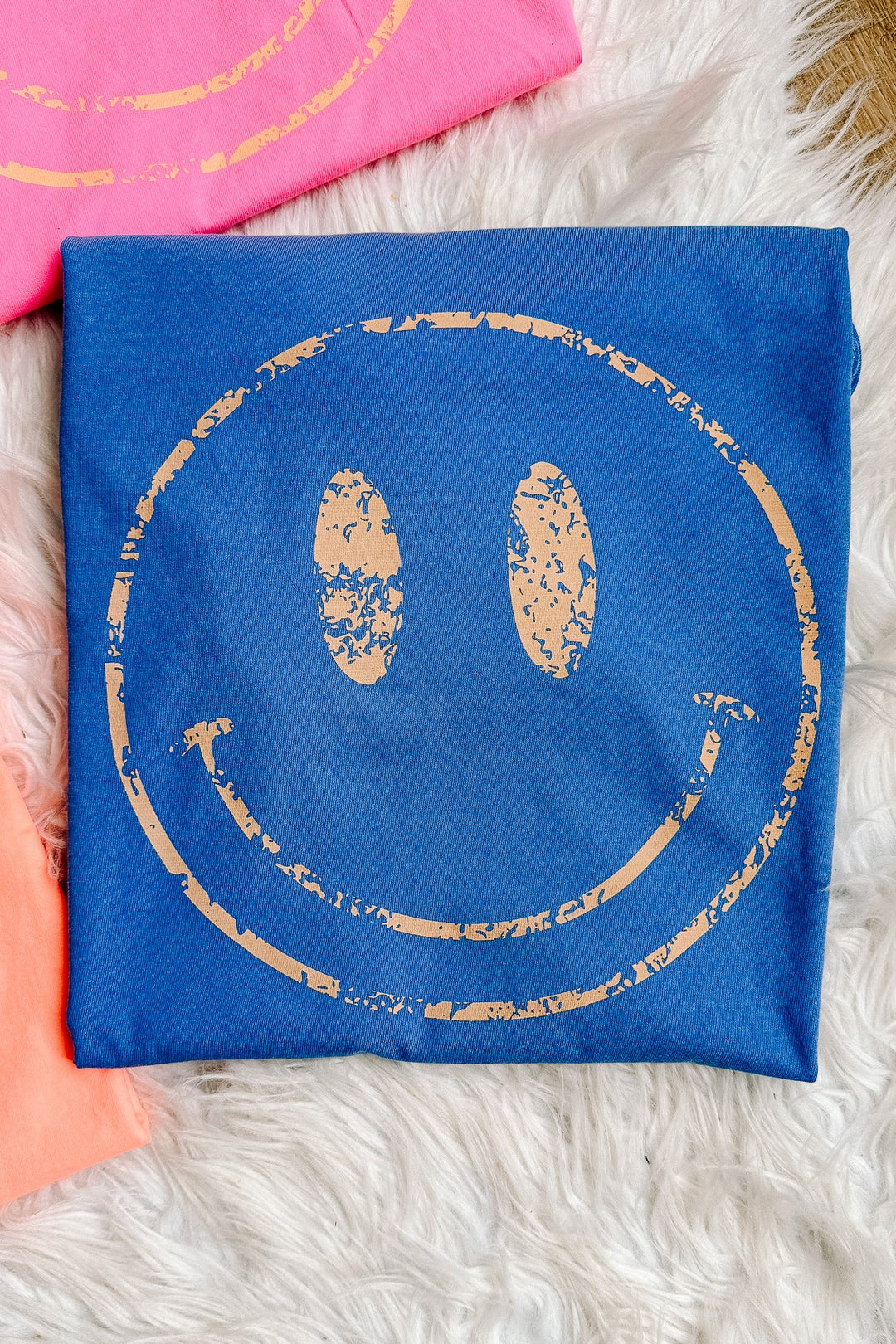 Colorful Distressed Happy Faces Graphic Tee - Multiple Color