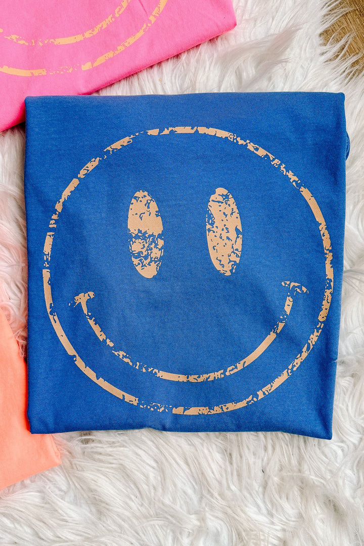 Colorful Distressed Happy Faces Graphic Tee - Multiple Color