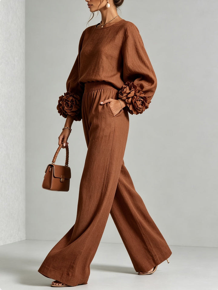 Seraphina | Women's Rosette Cuff Sleeve Wide Leg Linen Co Ord Set
