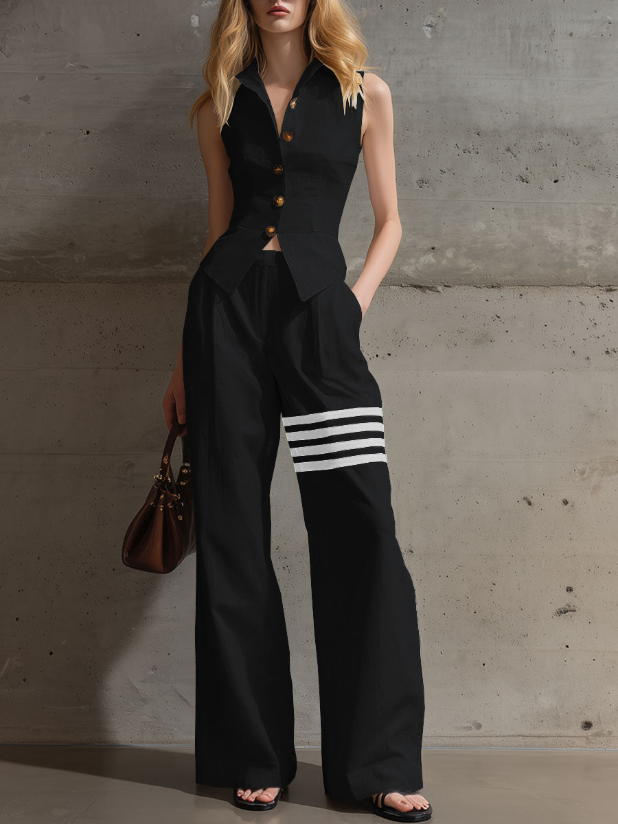 Eli | Vest & Contrast Stripe Wide Leg Pants 2Pcs Set