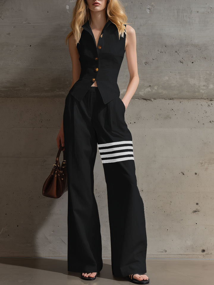 Eli | Vest & Contrast Stripe Wide Leg Pants 2Pcs Set