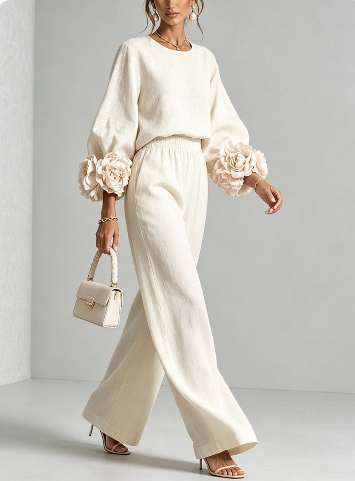 Seraphina | Women's Rosette Cuff Sleeve Wide Leg Linen Co Ord Set
