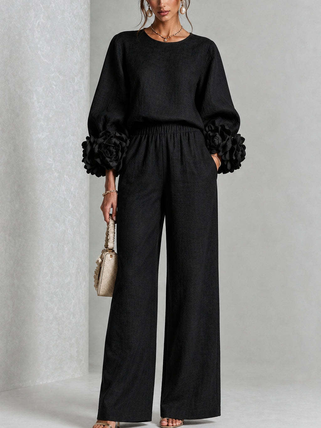 Seraphina | Women's Rosette Cuff Sleeve Wide Leg Linen Co Ord Set
