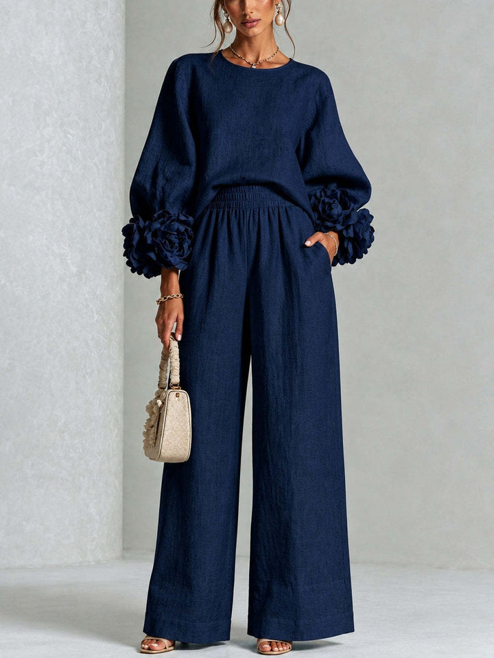 Seraphina | Women's Rosette Cuff Sleeve Wide Leg Linen Co Ord Set