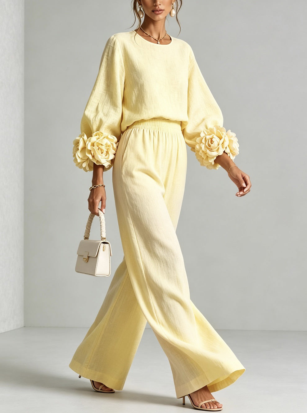 Seraphina | Women's Rosette Cuff Sleeve Wide Leg Linen Co Ord Set