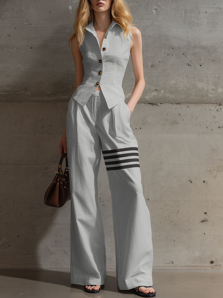 Eli | Vest & Contrast Stripe Wide Leg Pants 2Pcs Set