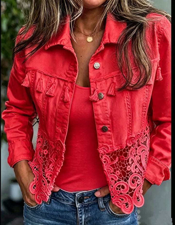 Delphine™ | Boho Lace Trim Denim Jacket with Tassels
