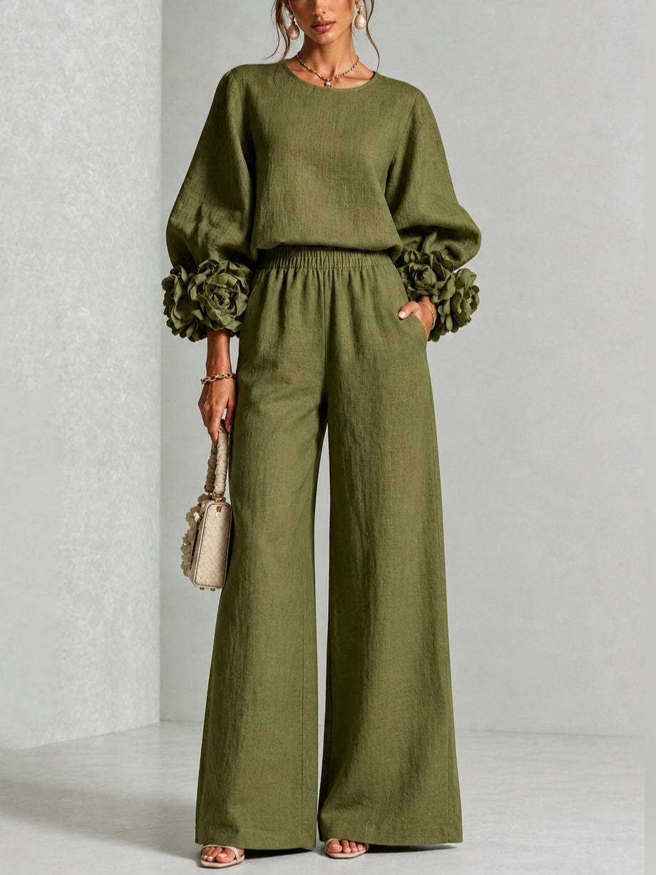 Seraphina | Women's Rosette Cuff Sleeve Wide Leg Linen Co Ord Set