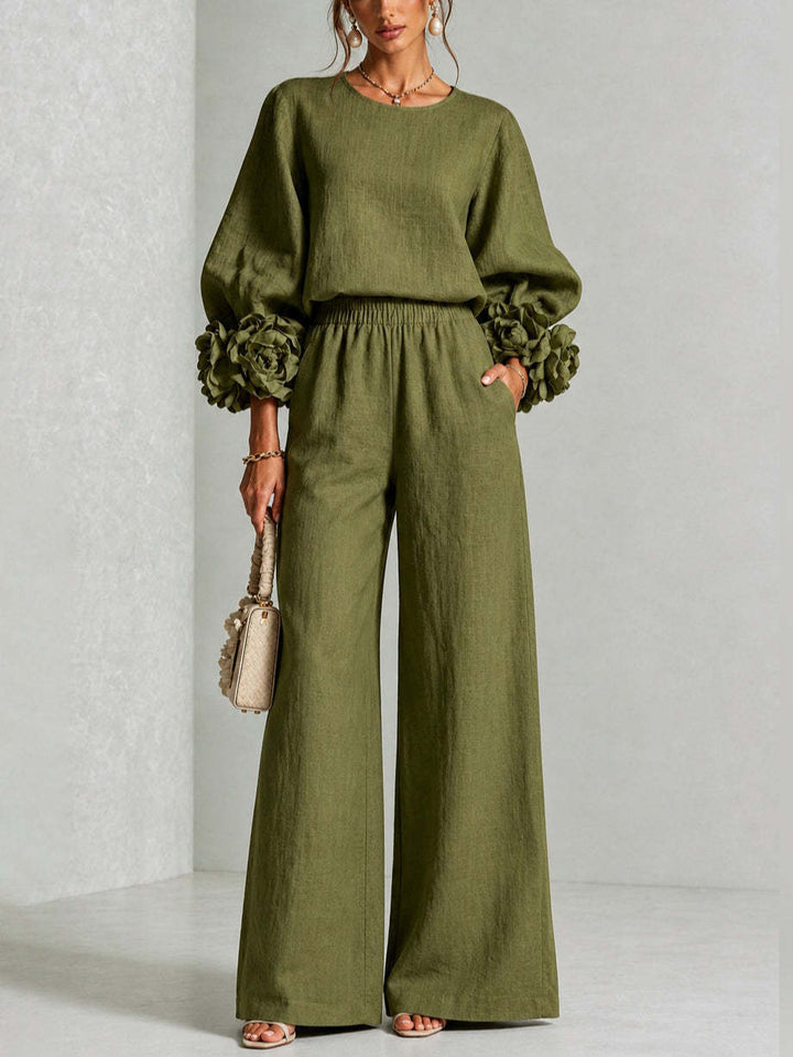 Seraphina | Women's Rosette Cuff Sleeve Wide Leg Linen Co Ord Set