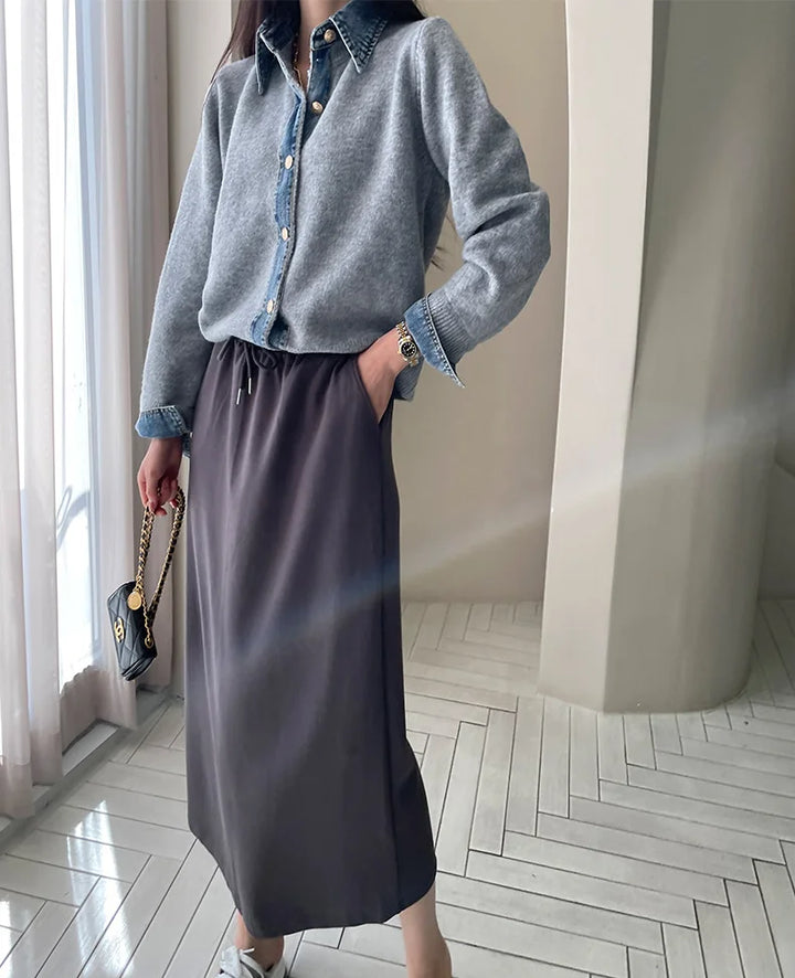 Women's Knit Cardigan Denim Contrast Panels Structured Collar