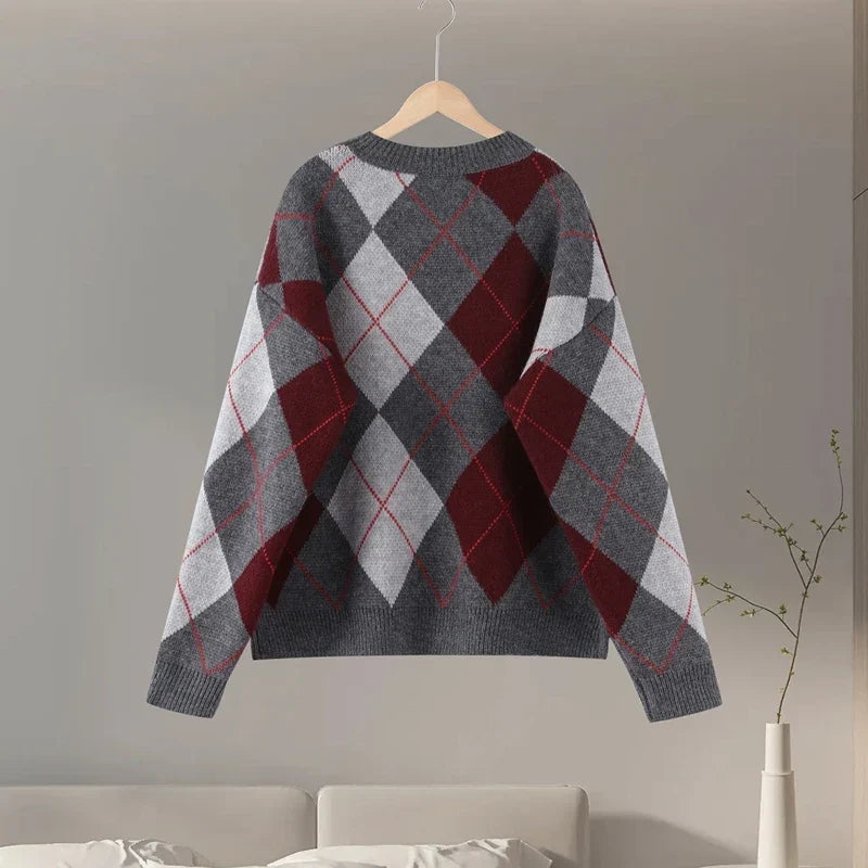 Women's Argyle Sweater Cotton-Blend Diamond Pattern