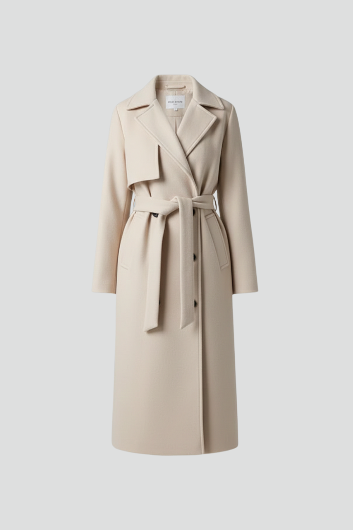 Double-Breasted Long Trench Coat with Belt