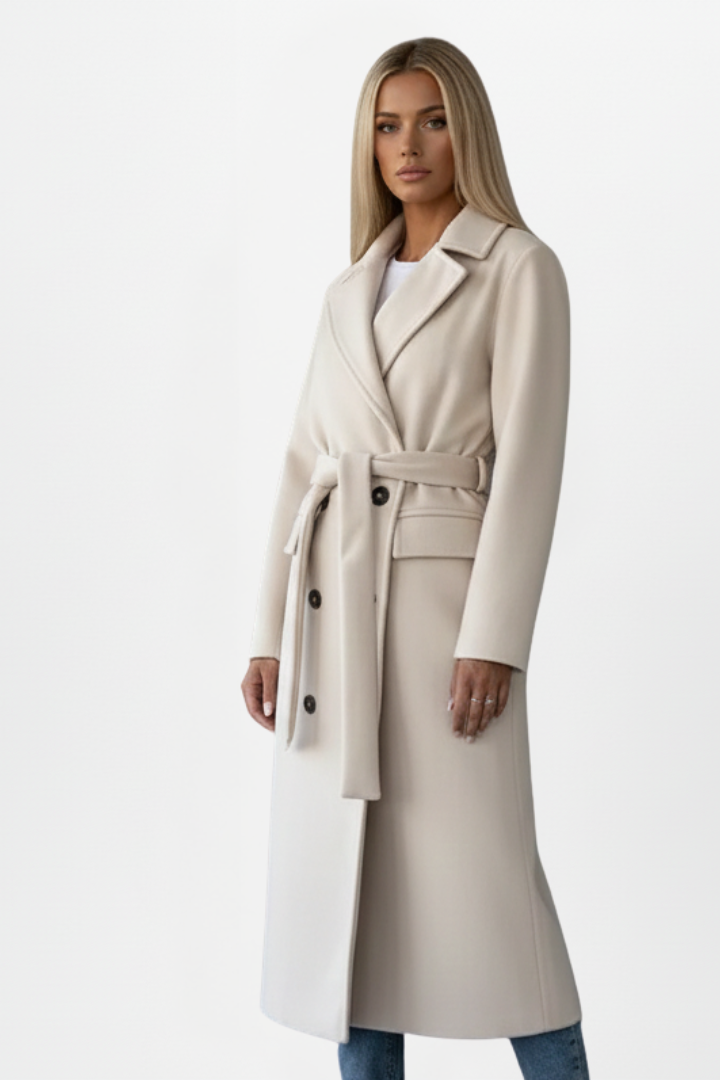 Double-Breasted Long Trench Coat with Belt