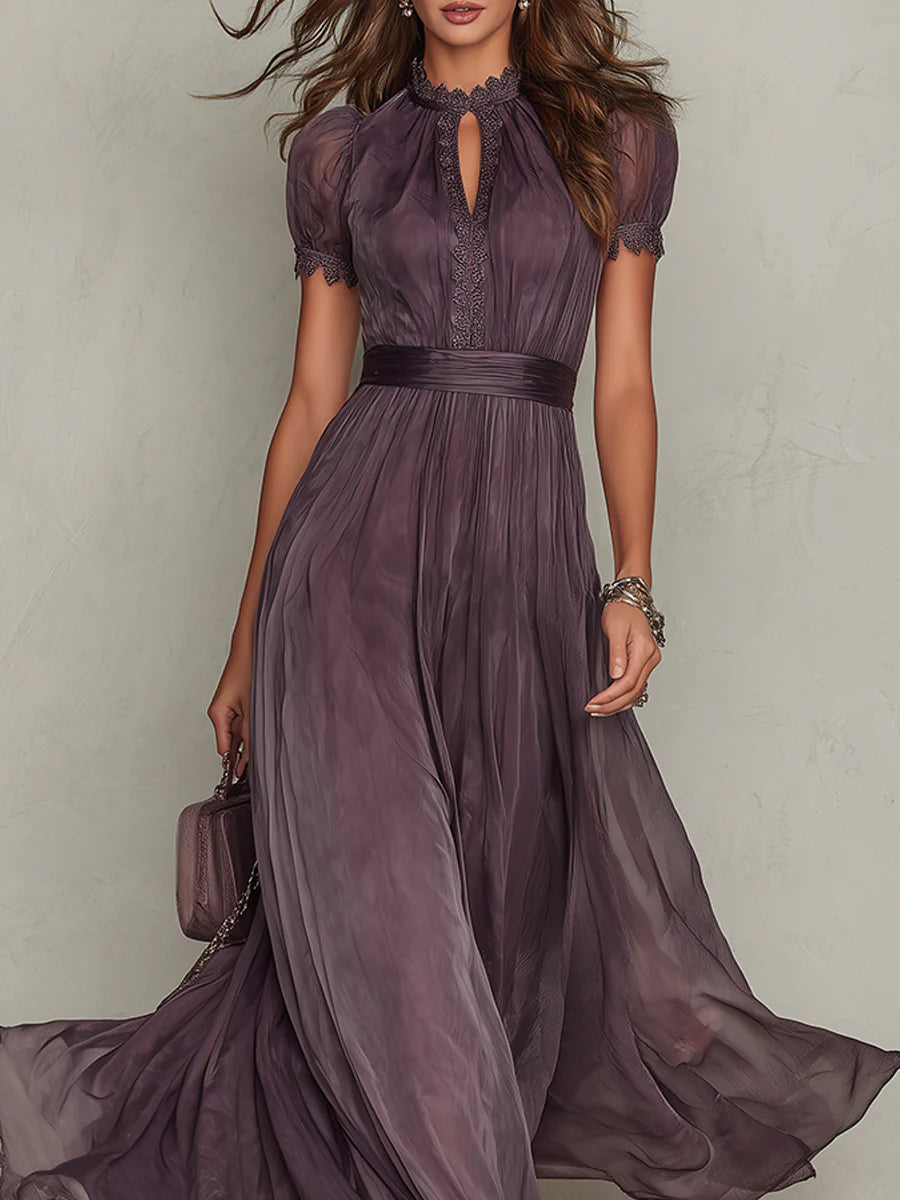 Flavia | Elegant long purple dress with a drop neckline and lace