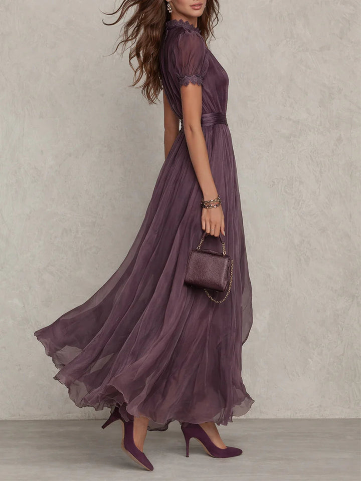 Flavia | Elegant long purple dress with a drop neckline and lace