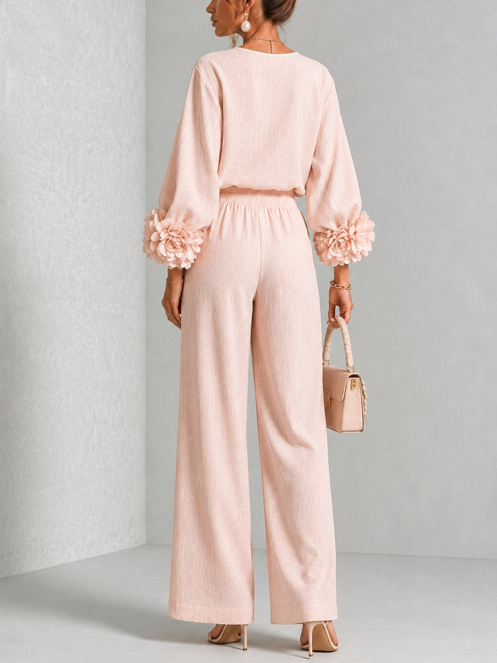 Seraphina | Women's Rosette Cuff Sleeve Wide Leg Linen Co Ord Set