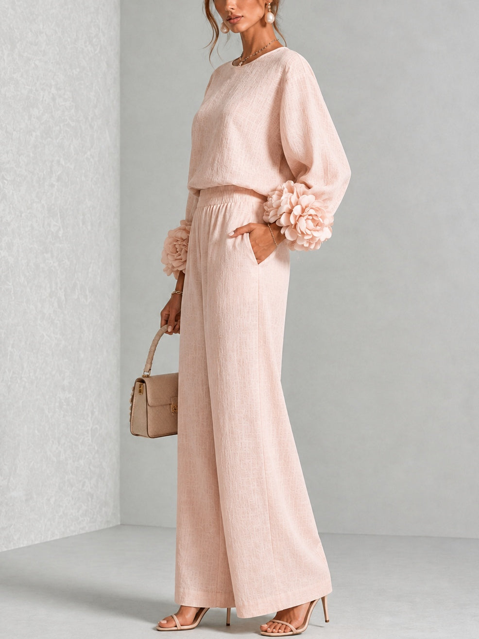 Seraphina | Women's Rosette Cuff Sleeve Wide Leg Linen Co Ord Set