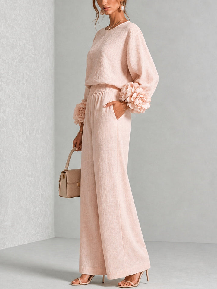 Seraphina | Women's Rosette Cuff Sleeve Wide Leg Linen Co Ord Set