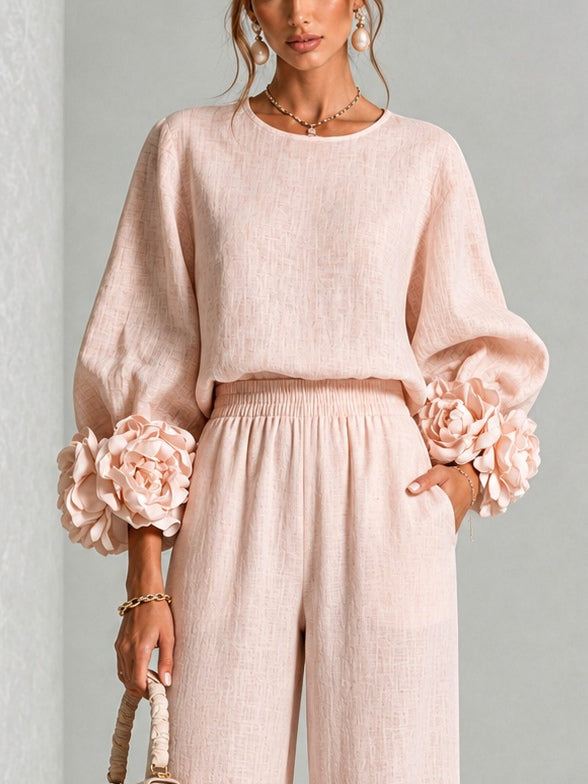 Seraphina | Women's Rosette Cuff Sleeve Wide Leg Linen Co Ord Set