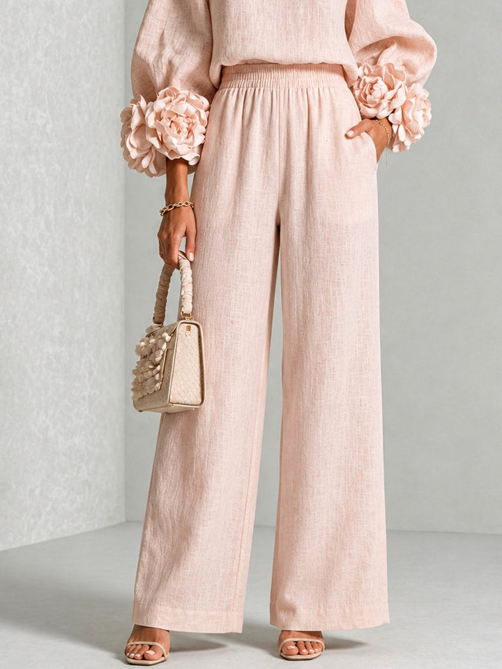 Seraphina | Women's Rosette Cuff Sleeve Wide Leg Linen Co Ord Set