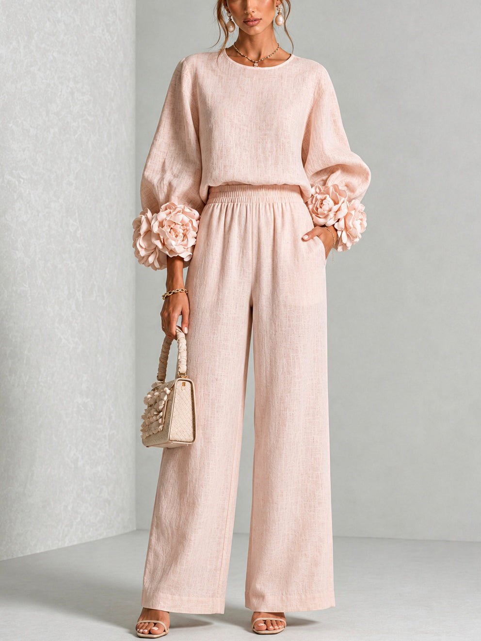 Seraphina | Women's Rosette Cuff Sleeve Wide Leg Linen Co Ord Set