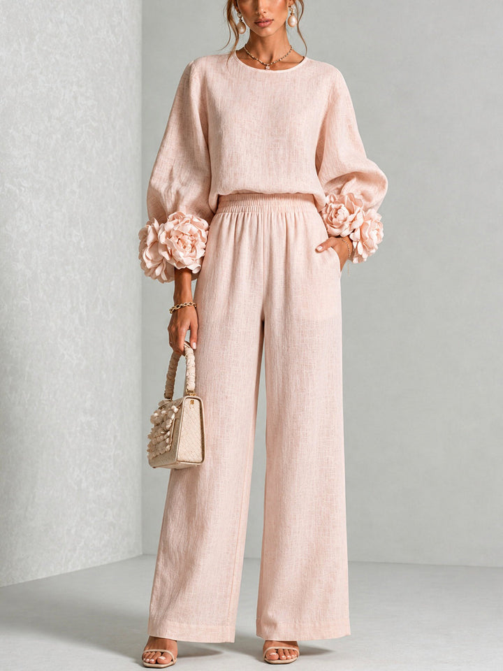 Seraphina | Women's Rosette Cuff Sleeve Wide Leg Linen Co Ord Set