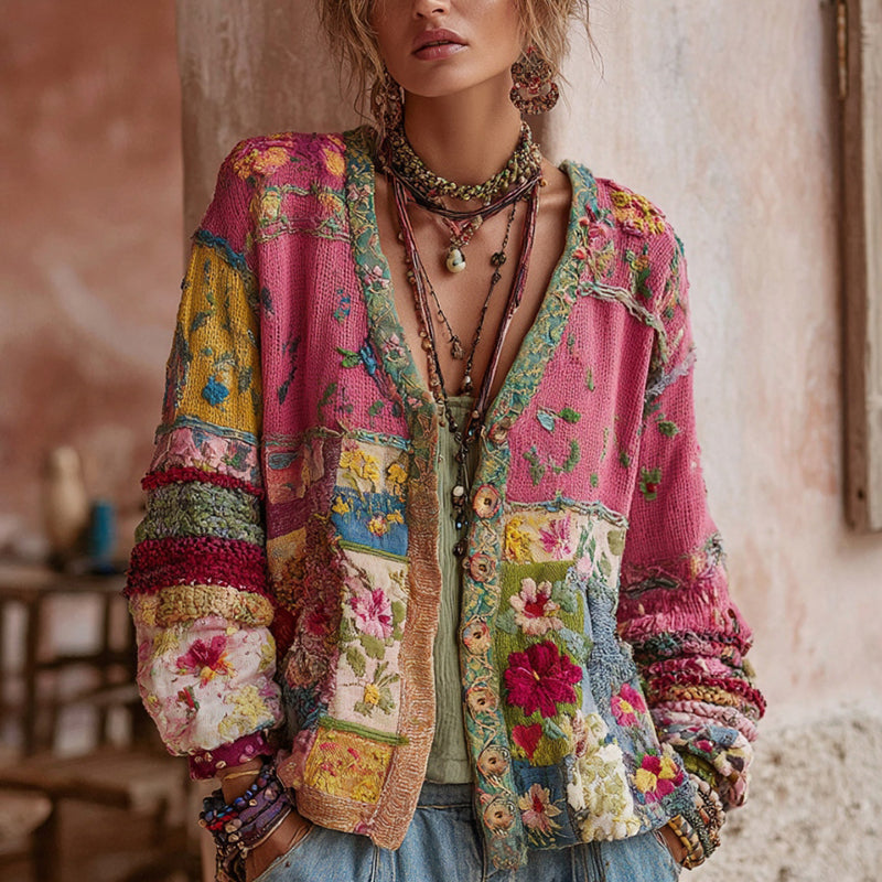 Boheme | Womens Slouchy Cardigan, Patchwork Knit Button Down Everyday Winter Cardigan - Pink