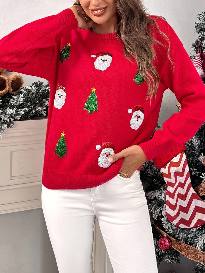 Easy Red Sequin Christmas Sweater for Women with Crew Neck Long Sleeve Sequin Santa Relaxed Fit Knit Style