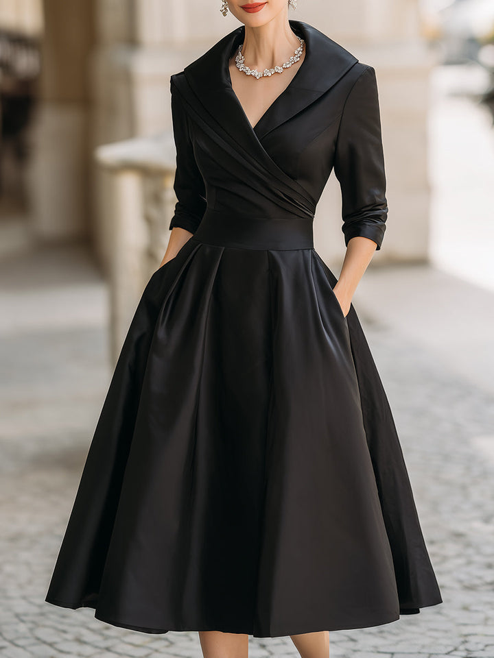 Sandy - Vintage-Inspired Satin Midi Dress With Draped Collar