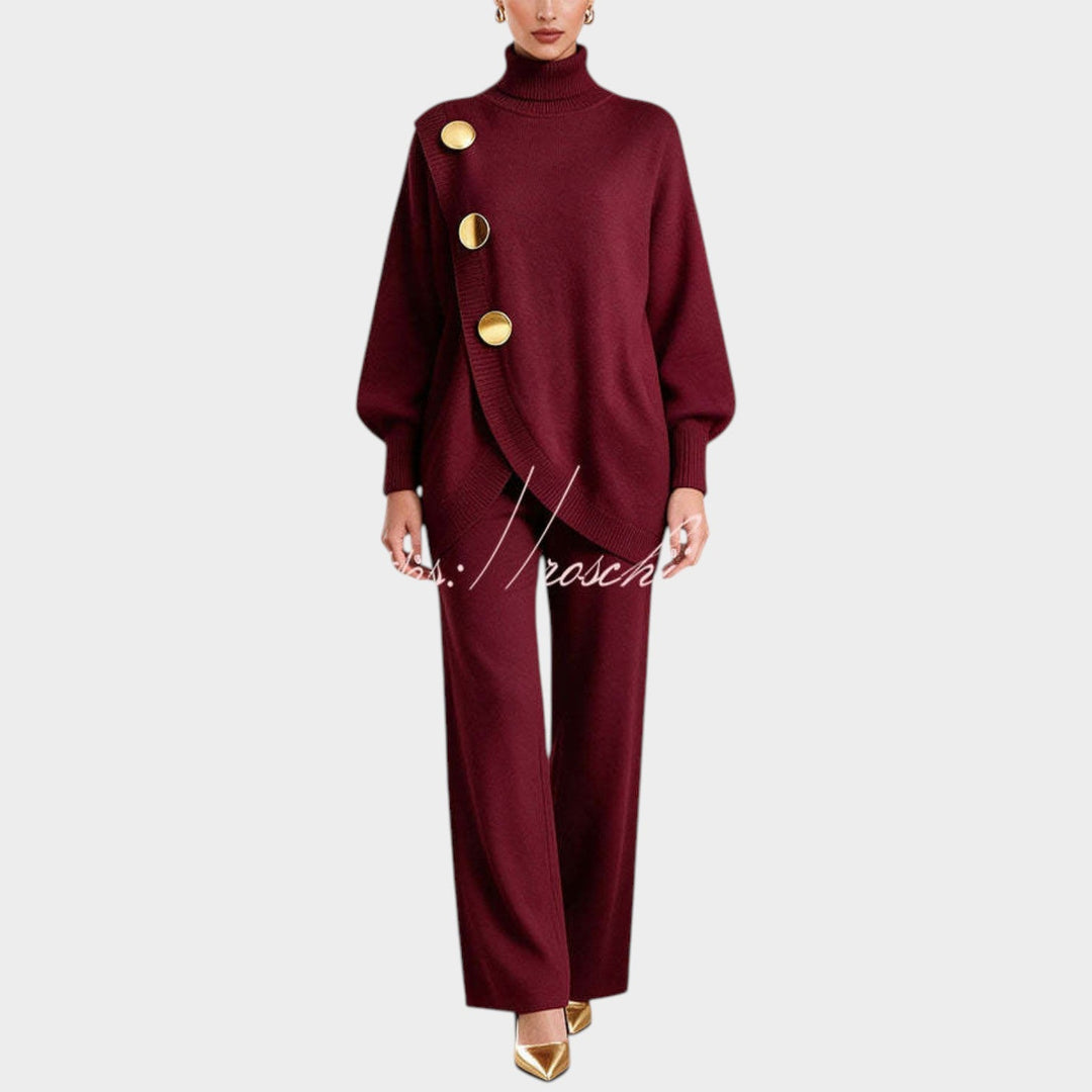 Women’s Knit Top and Pants Set Asymmetric Button Wide Leg