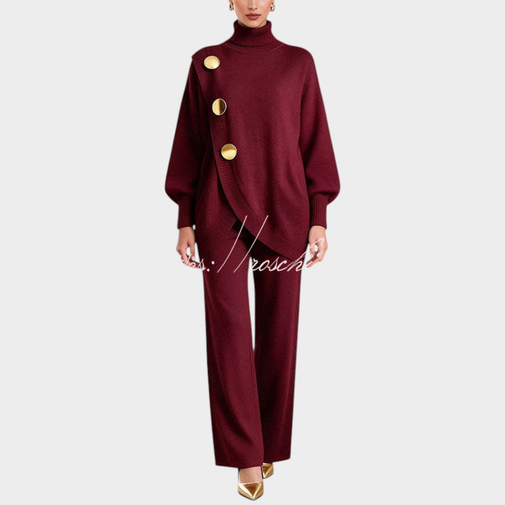 Women’s Knit Top and Pants Set Asymmetric Button Wide Leg