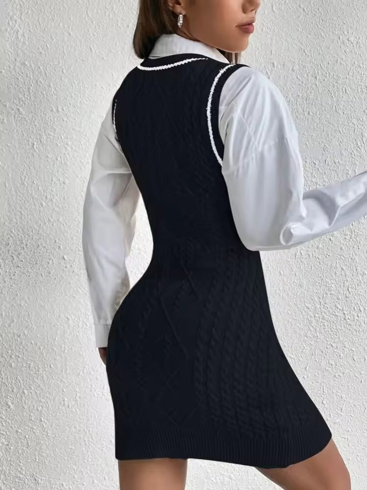 Amelia Cable-Knit Sweater Dress V-Neck Tie-Styled