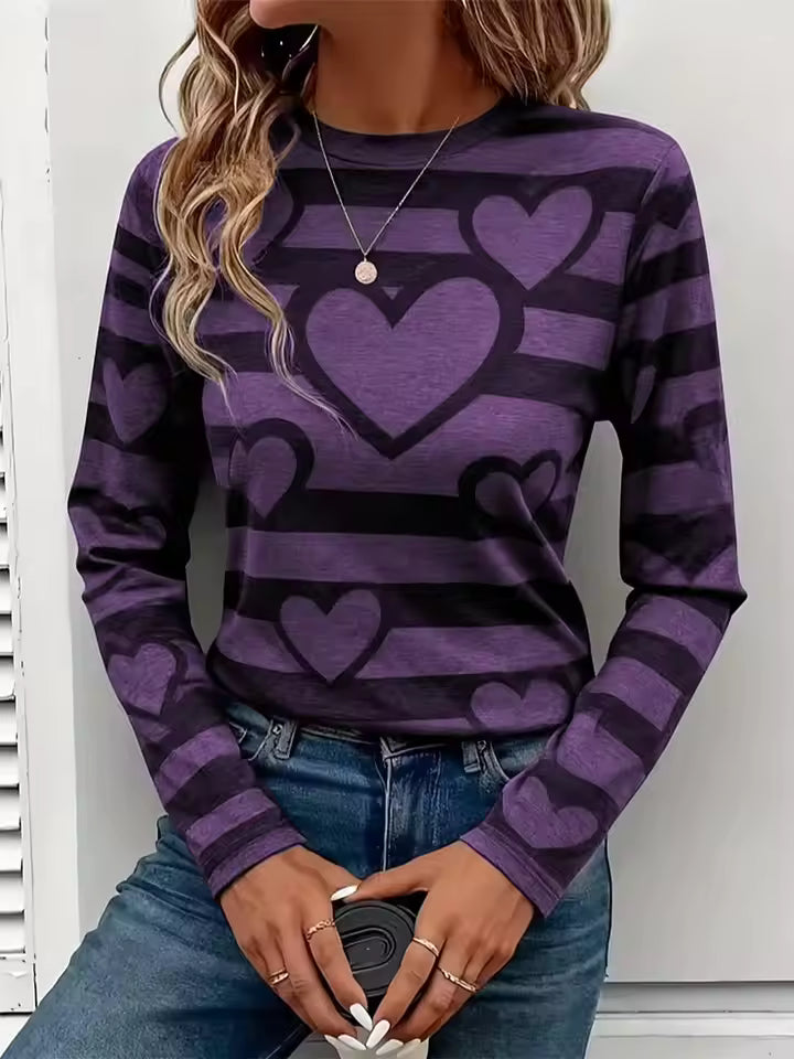 Amelia Heart-Print Striped Long-Sleeve T-Shirt Crewneck Relaxed Fit