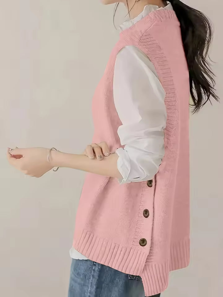 Audrey Knit Sweater Vest Sleeveless Side-Button Crewneck