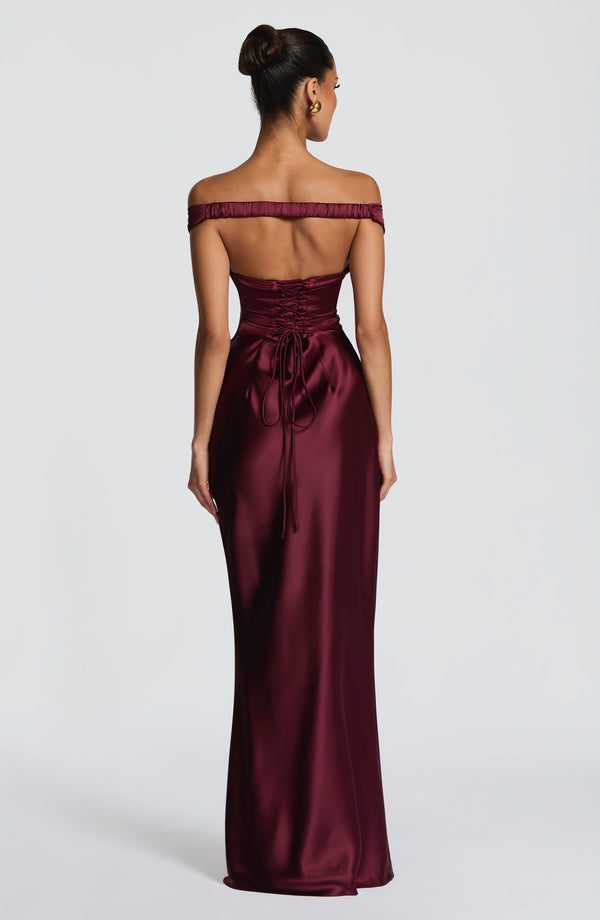 Adeline | Women's Satin Bardot Maxi Dress