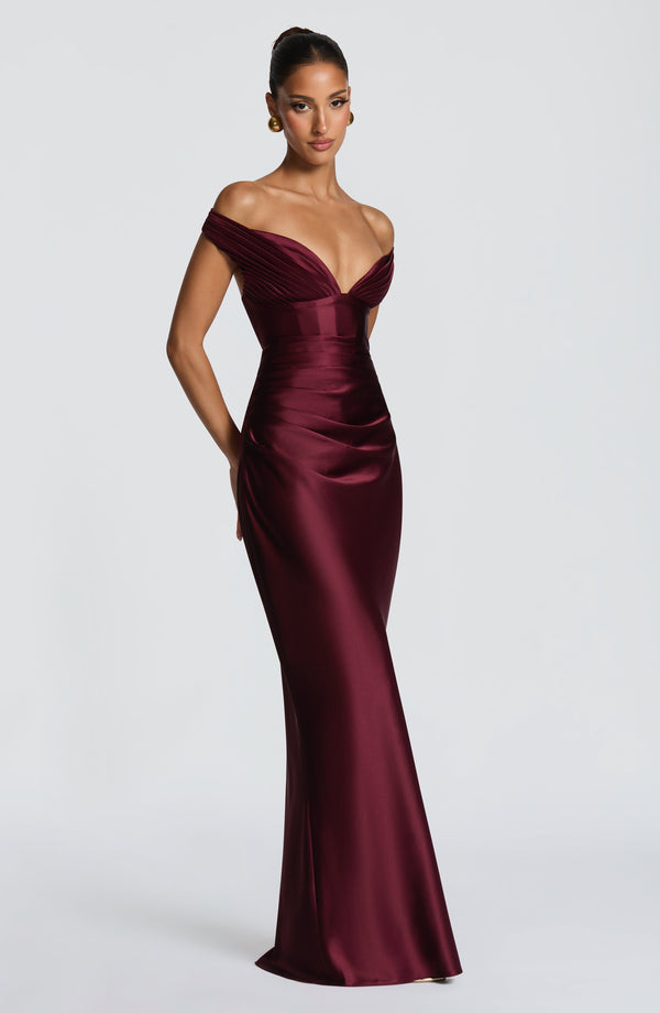 Adeline | Women's Satin Bardot Maxi Dress