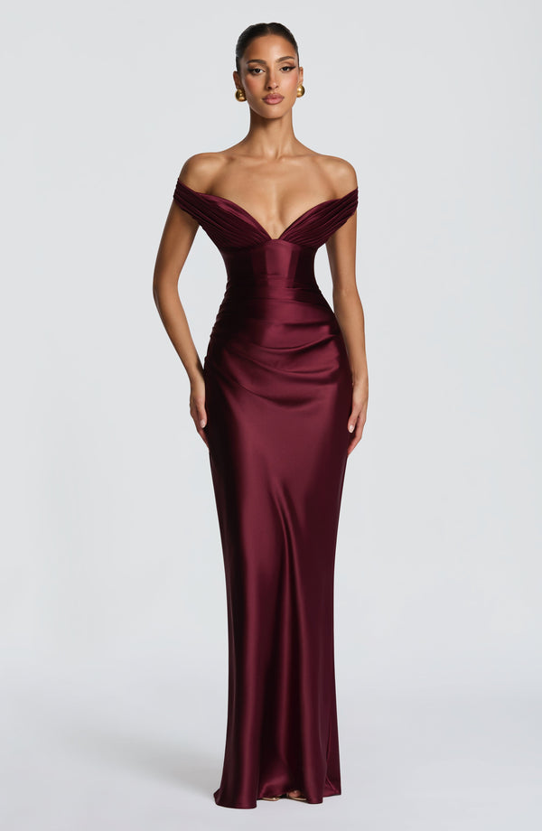 Adeline | Women's Satin Bardot Maxi Dress