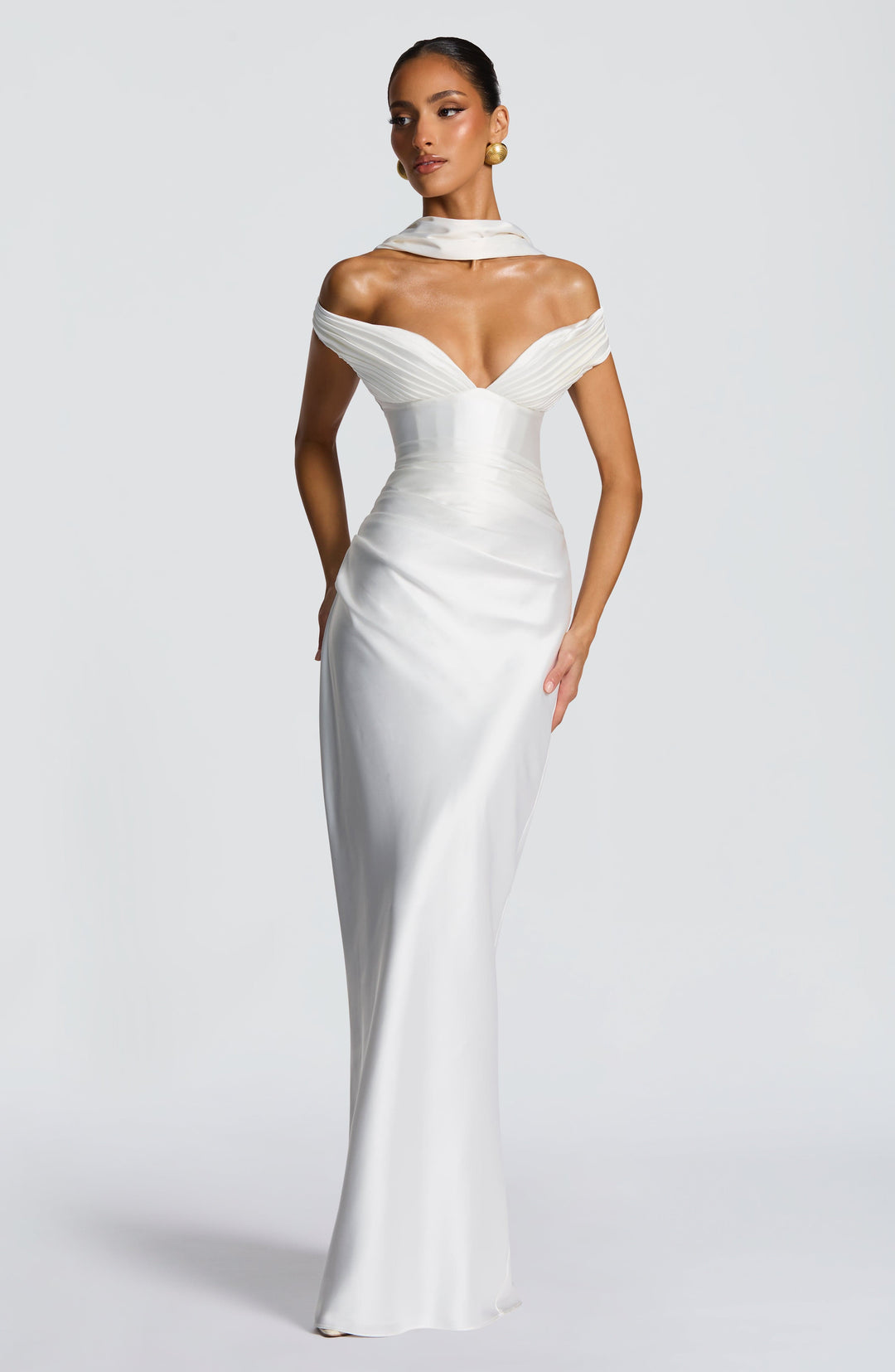 Adeline | Women's Satin Bardot Maxi Dress