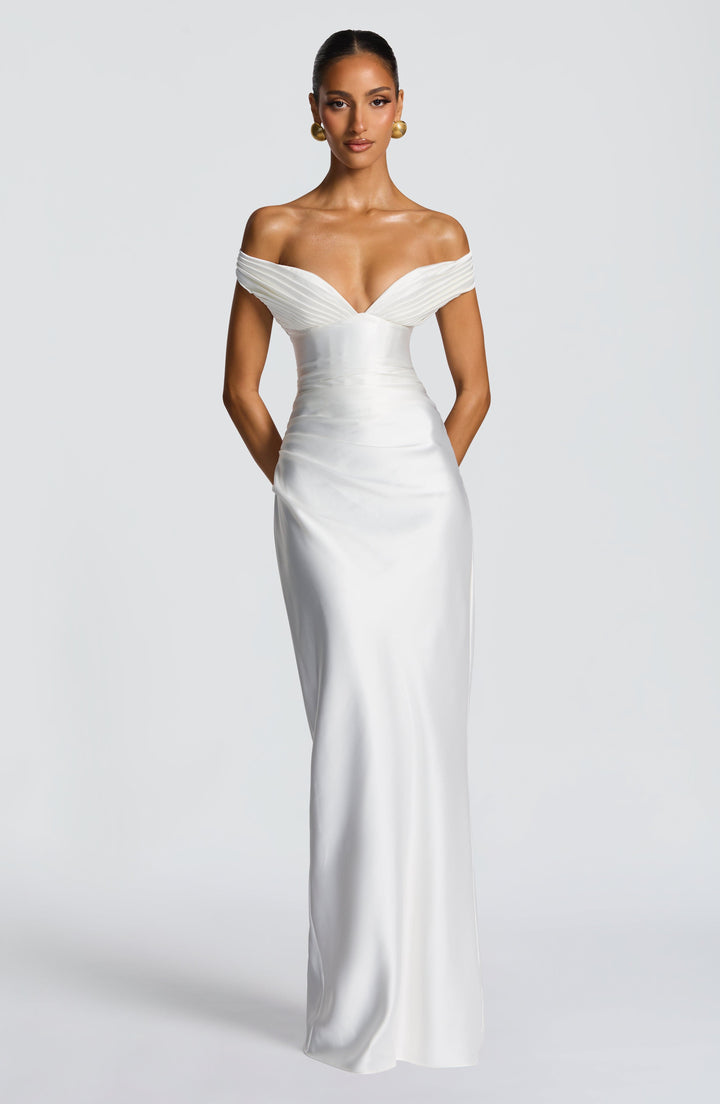 Adeline | Women's Satin Bardot Maxi Dress