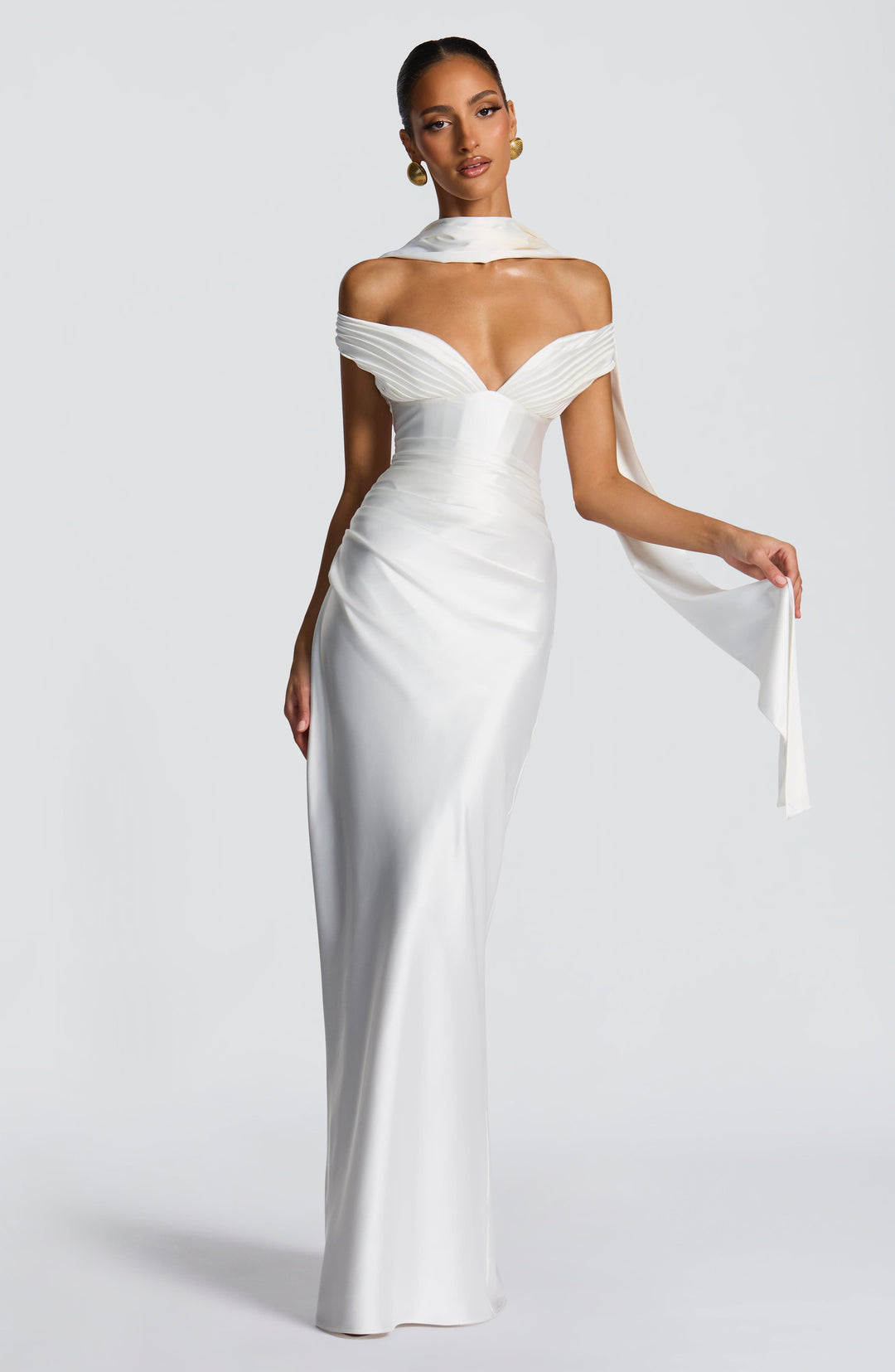 Adeline | Women's Satin Bardot Maxi Dress