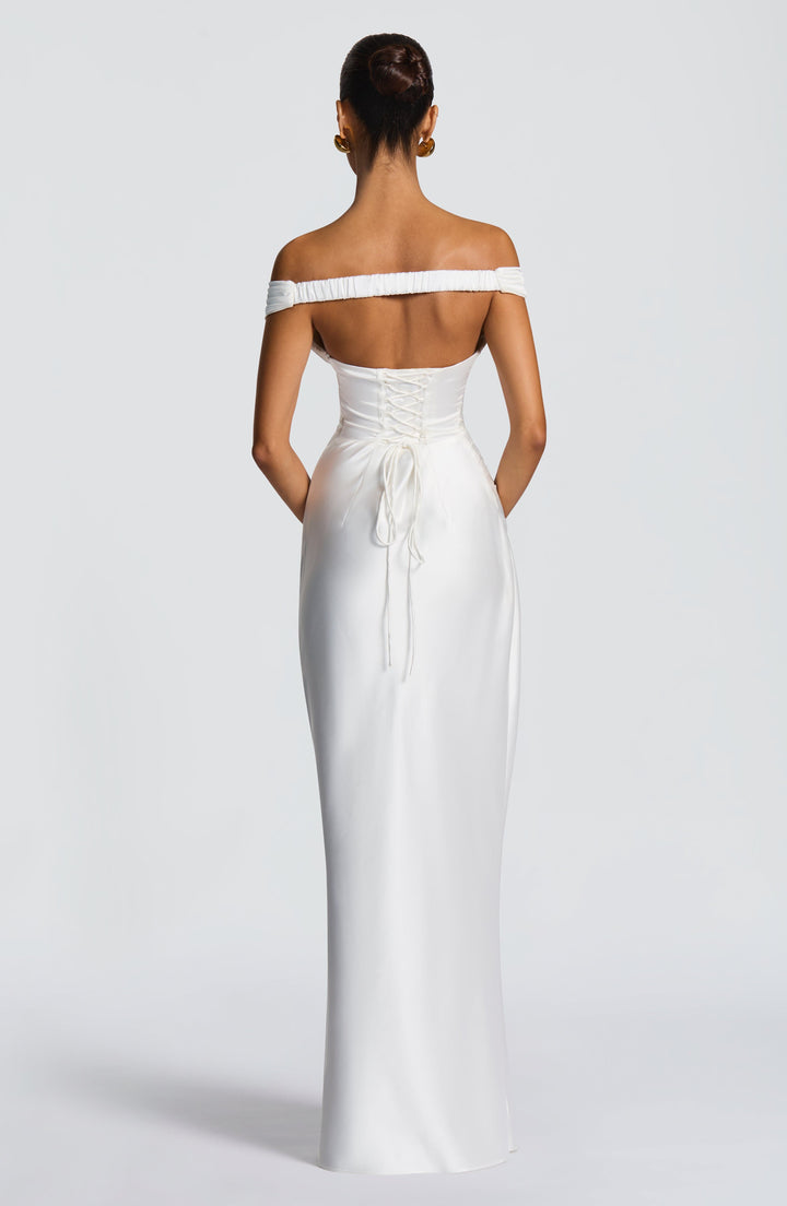 Adeline | Women's Satin Bardot Maxi Dress