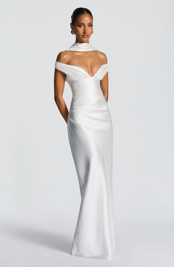 Adeline | Women's Satin Bardot Maxi Dress