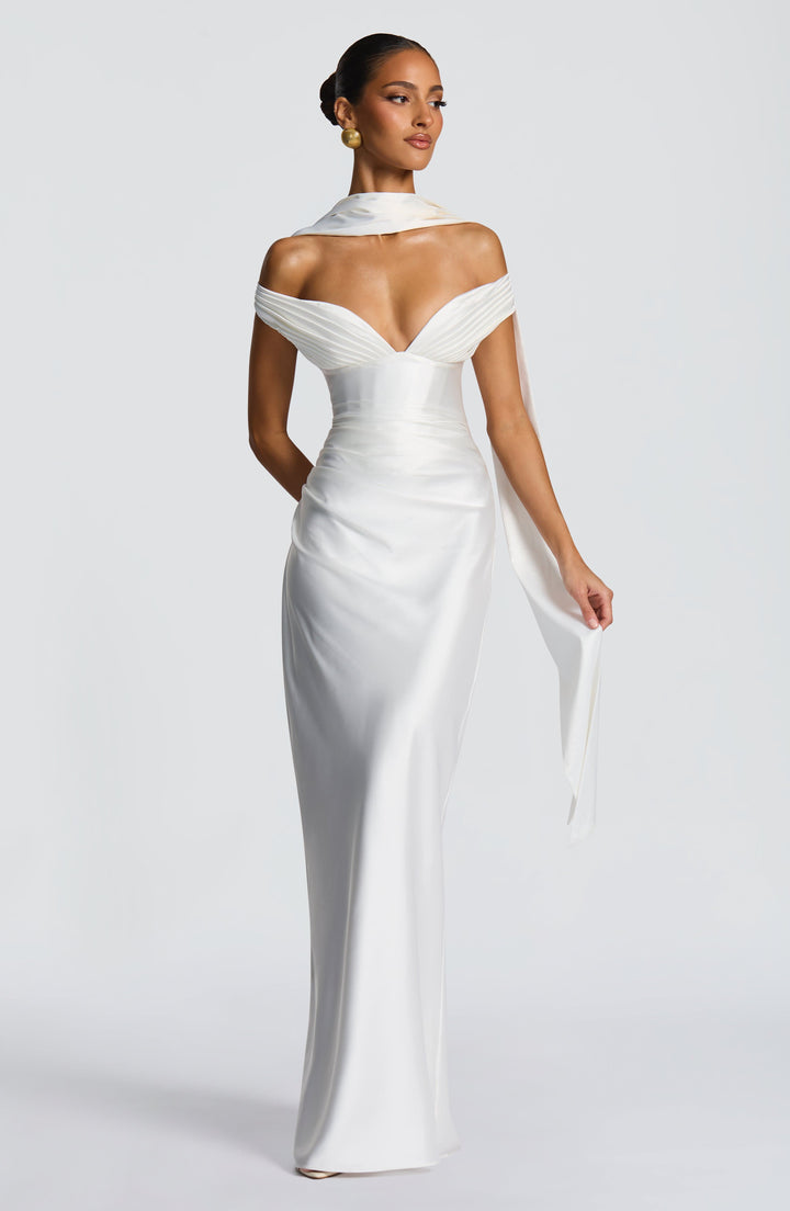 Adeline | Women's Satin Bardot Maxi Dress