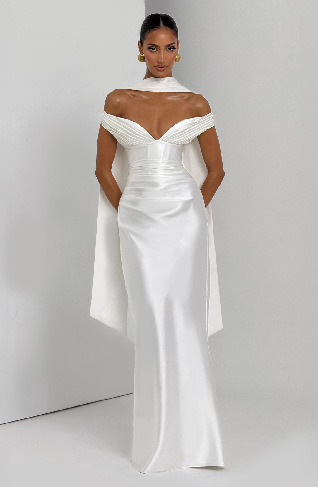 Adeline | Women's Satin Bardot Maxi Dress