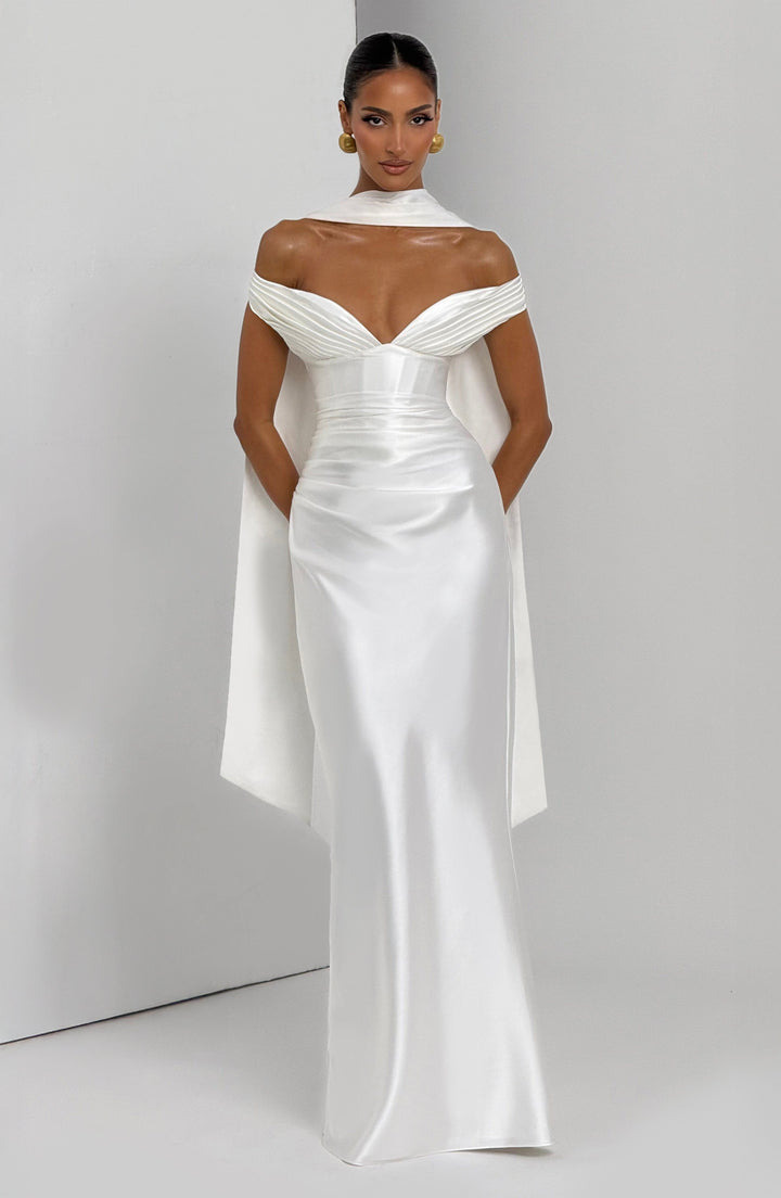 Adeline | Women's Satin Bardot Maxi Dress