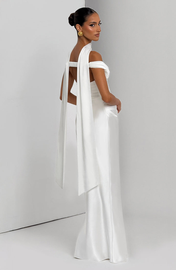 Adeline | Women's Satin Bardot Maxi Dress