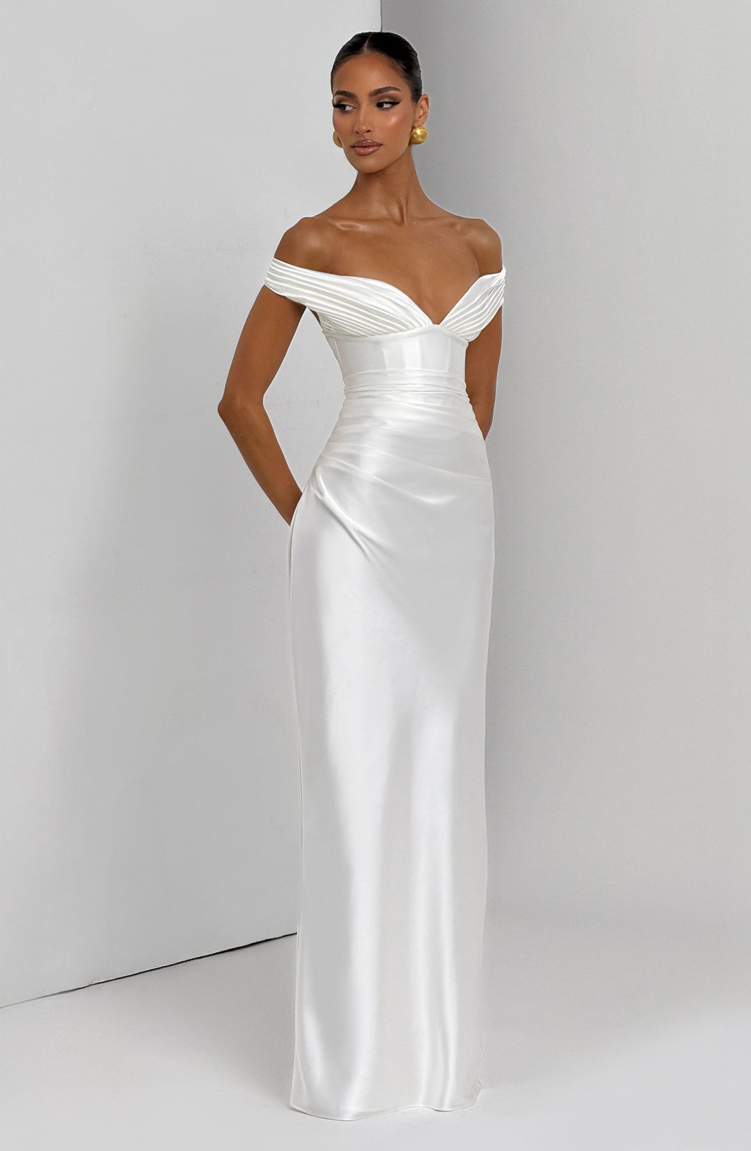 Adeline | Women's Satin Bardot Maxi Dress
