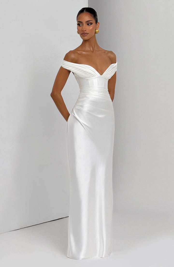 Adeline | Women's Satin Bardot Maxi Dress
